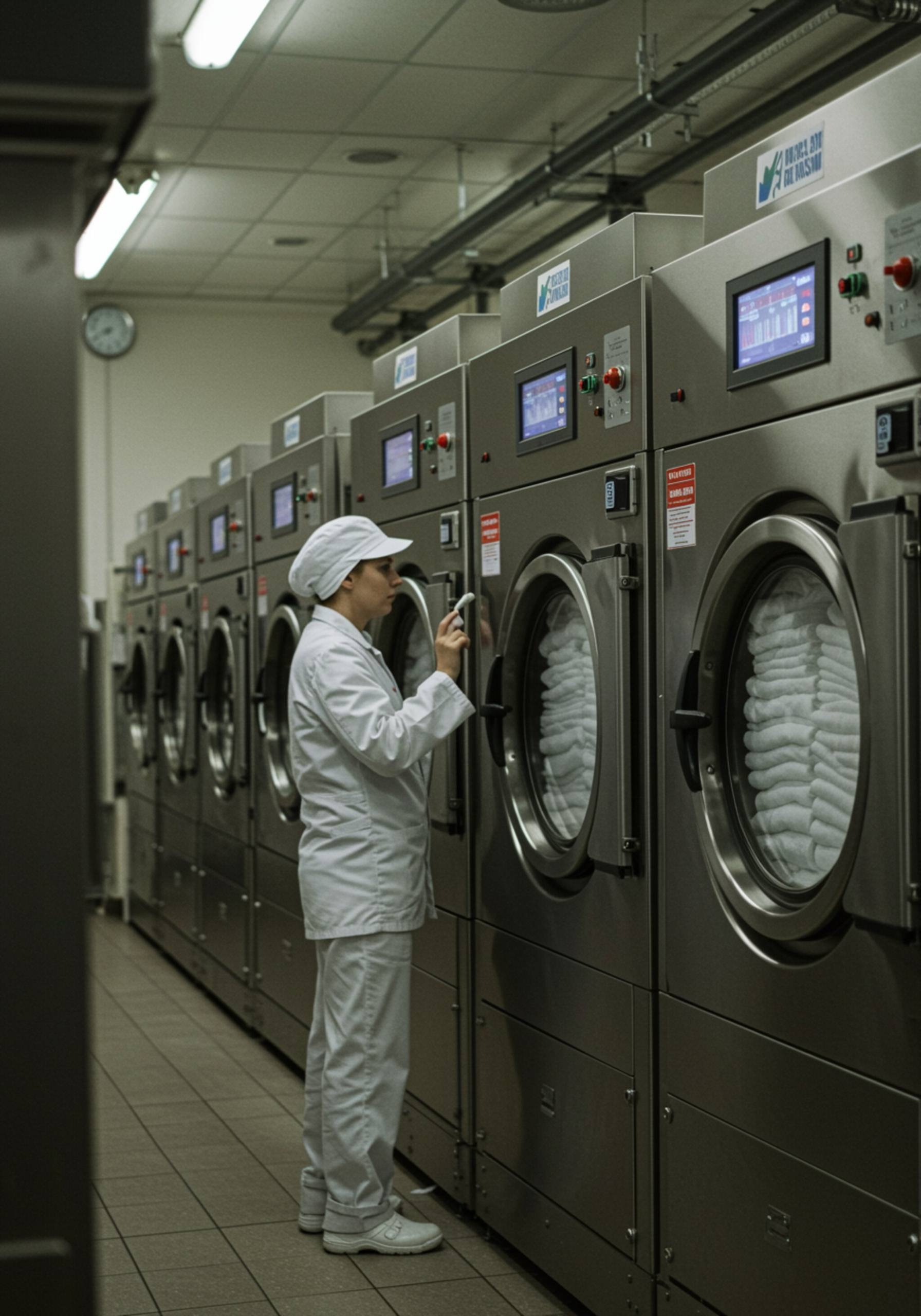 "Primera plana de máquinas lavadoras industriales con toallas blancas, técnico en uniforme ajustando panel digital en un ambiente iluminado."
