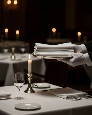 "Restaurante elegante con mantel blanco, servicio de lujo y ambiente acogedor de luz de velas."