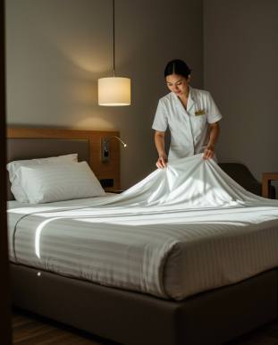 "Hotel moderno con cama recién hecha, sábanas blancas y personal uniformado ajustando las esquinas bajo luz natural."