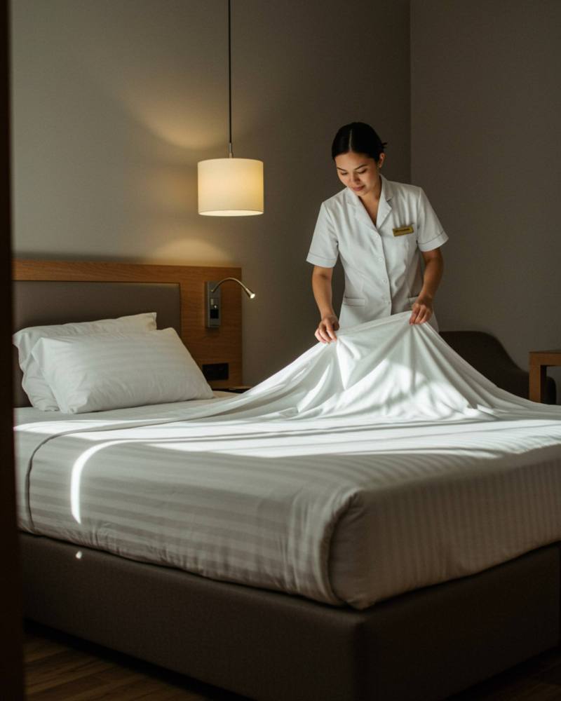 "Hotel moderno con cama recién hecha, sábanas blancas y personal uniformado ajustando las esquinas bajo luz natural."
