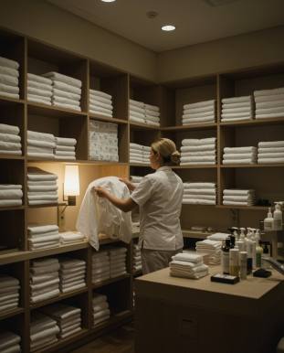 "Salón de belleza contemporáneo con toallas blancas y capas ordenadas en estantes, atendido por un profesional en uniforme blanco, iluminado con luz cálida."