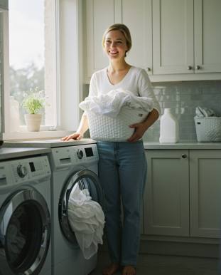 "Cuarto de lavandería luminoso y moderno con lavadora de carga frontal, dueño sonriente y luz natural, ideal para inspiración en decoración del hogar."
