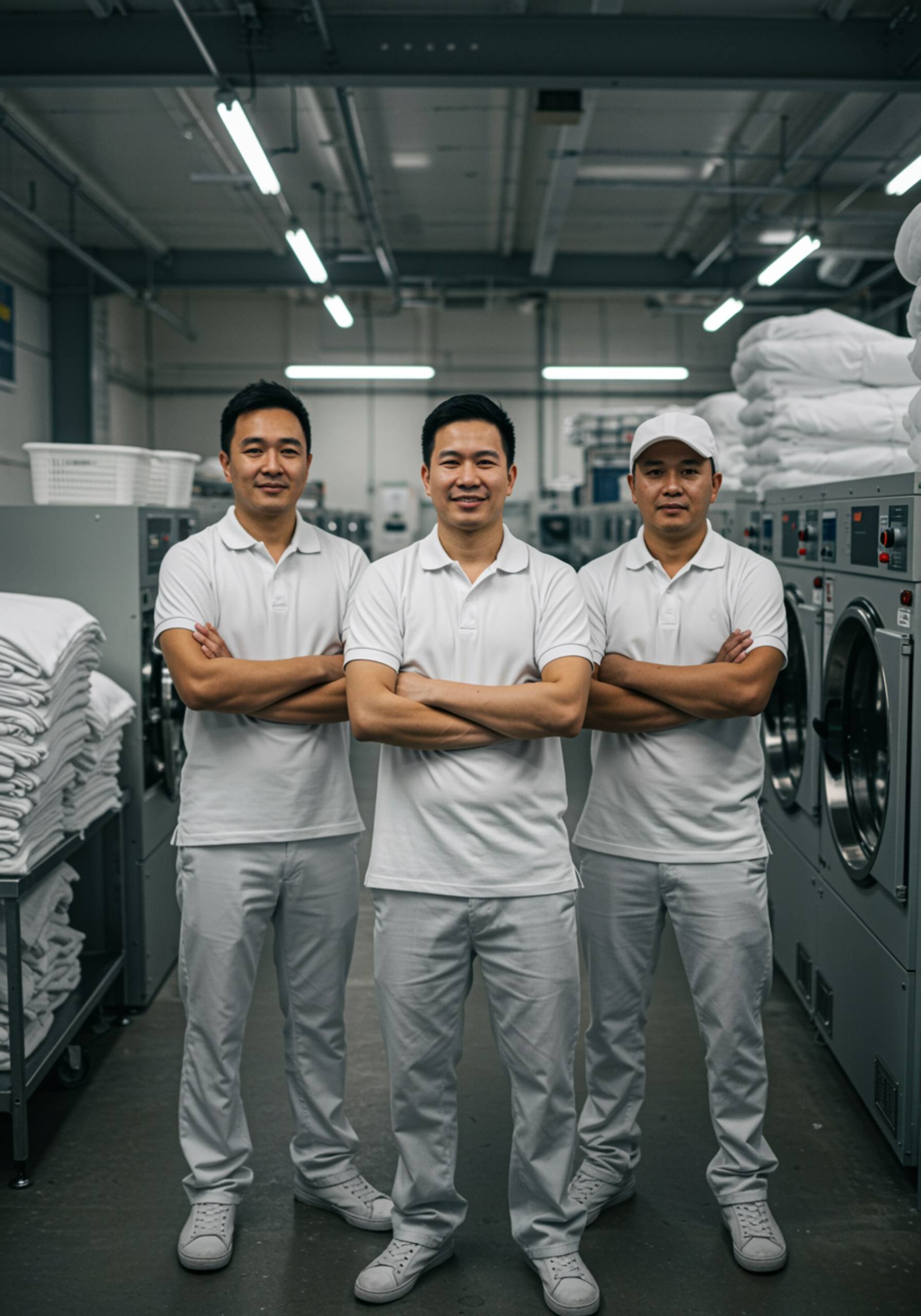 "Grupo de especialistas en lavandería con uniformes blancos posando sonrientes en una instalación impecable, con ropa de cama doblada y máquinas de fondo."